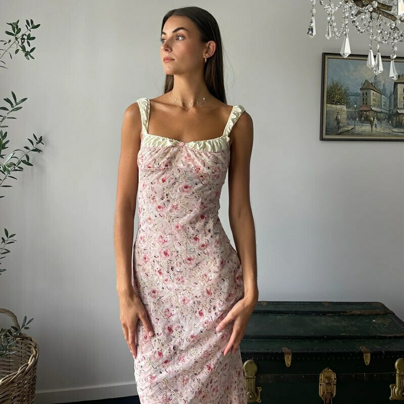 Flamingo Pink Floral Elegance Y2K Dress - Coquette Aesthetic for Women's Fashion