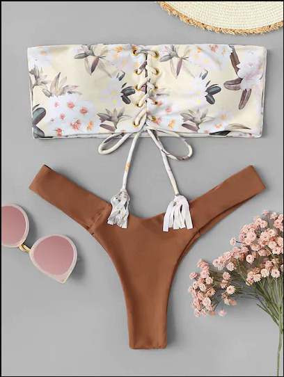 Floral Bandeau Lace-up Bikini Set - Y2K Fashion Swimwear with Coquette & Grunge Aesthetic