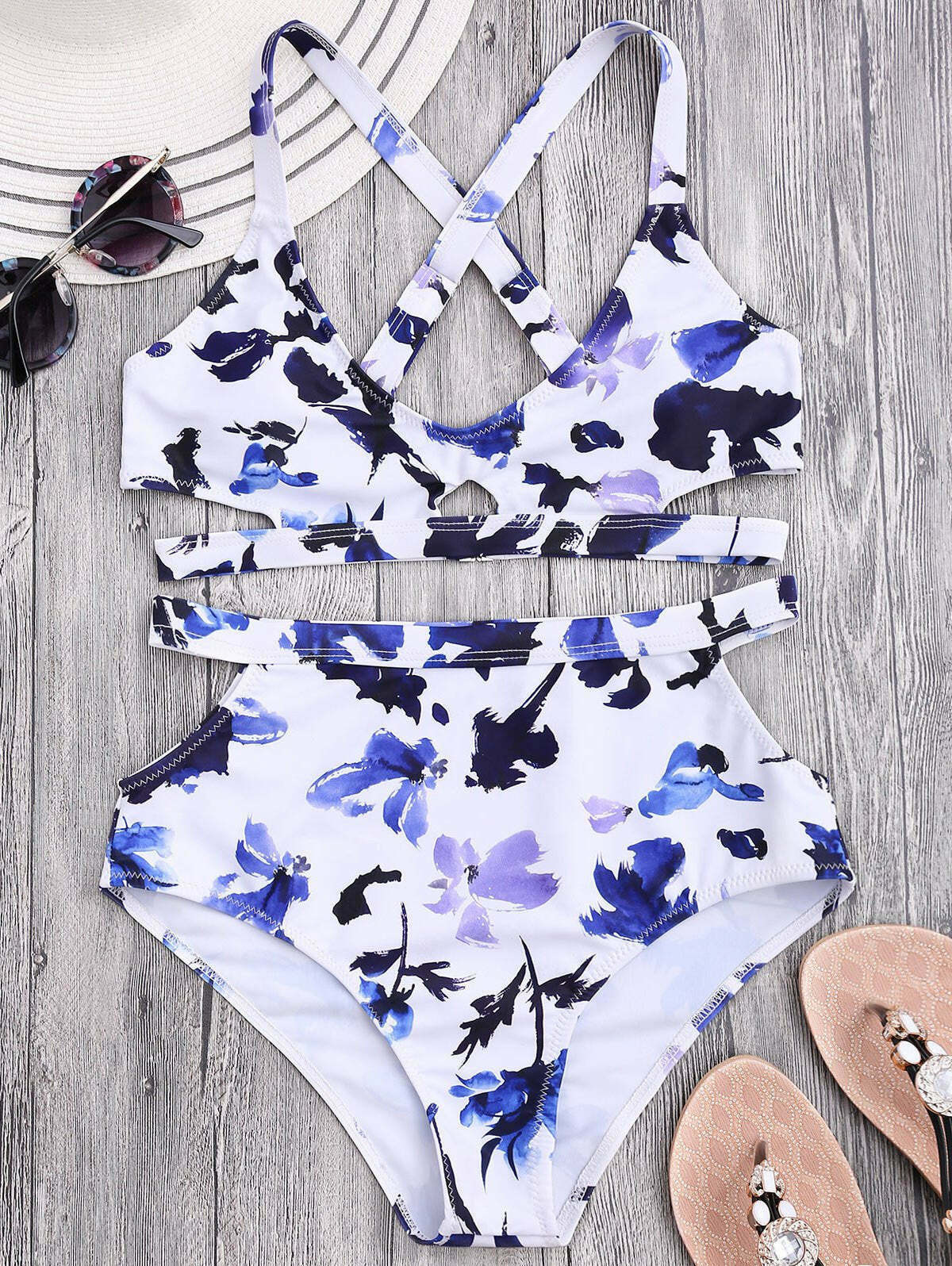 Floral Cut Out Bandage High Waist Bikini - Y2K Fashion Swimwear for Women