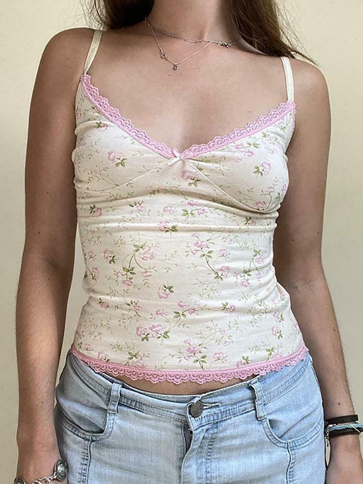 Floral Lace Edge Patchwork Camisole - Y2K Fashion Aesthetic Top for Women