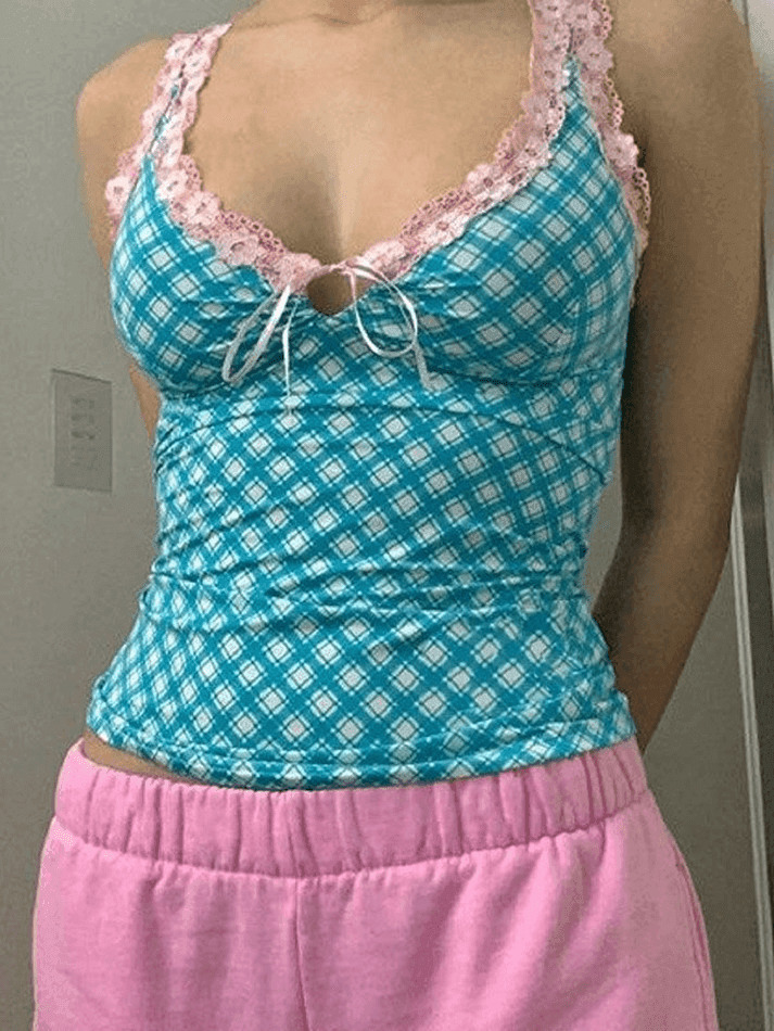 Floral Lace Trim Checkered Crop Tank - Y2K Fashion Aesthetic for Women - Coquette & Grunge Style