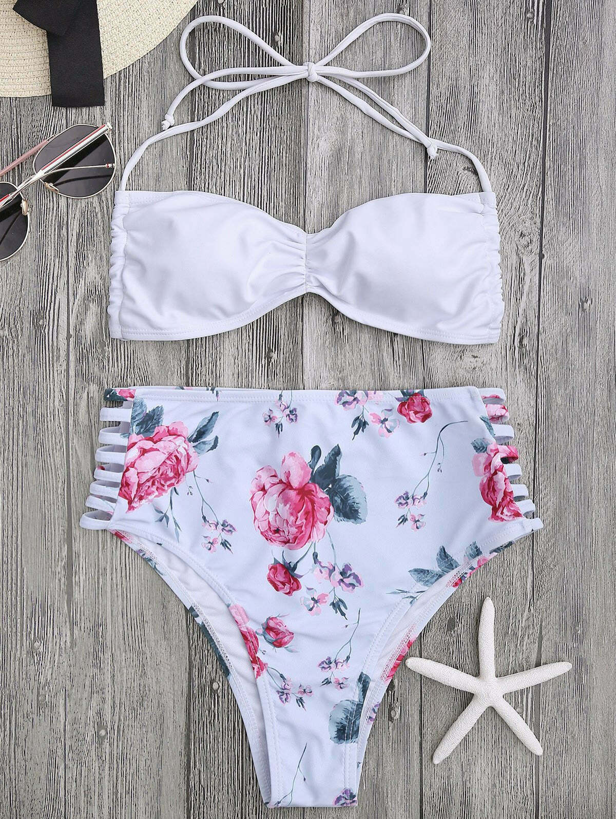 Floral Ladder Cut Ruched High Cut Bikini - Y2K Fashion Swimwear for Women