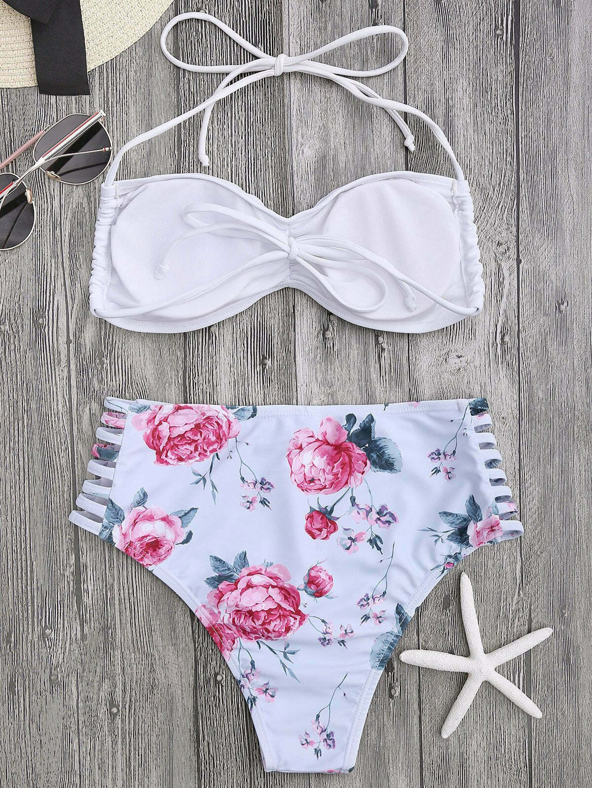 Floral Ladder Cut Ruched High Cut Bikini - Y2K Fashion Swimwear for Women