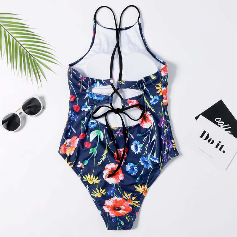 Floral Leaf Criss Cross Swimsuit - Y2K Fashion Aesthetic for Women