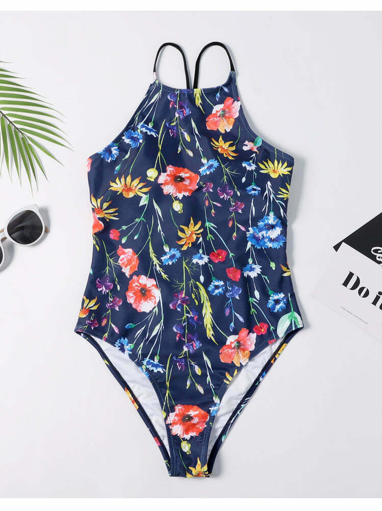 Floral Leaf Criss Cross Swimsuit - Y2K Fashion Aesthetic for Women