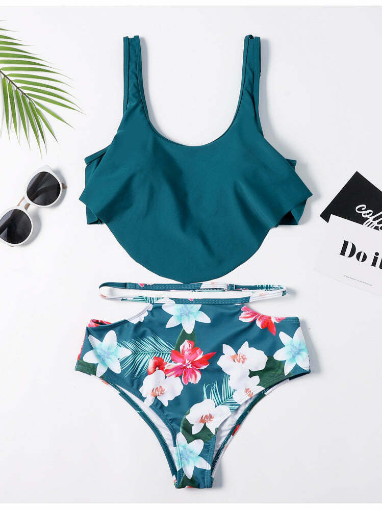 Floral Leaf Print Off-The-Shoulder Bikini Set for Y2K Fashion Enthusiasts