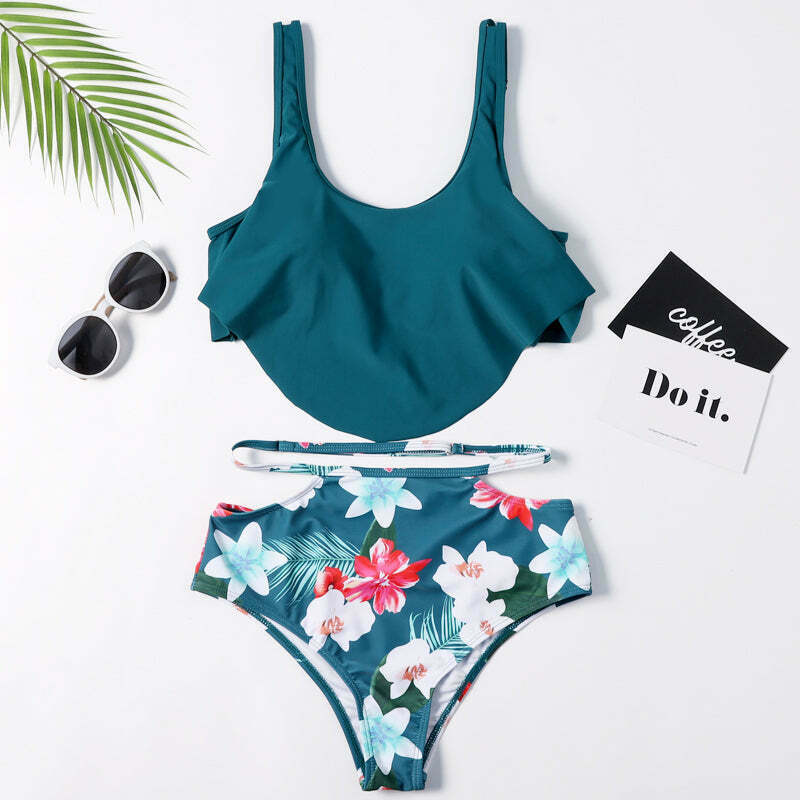 Floral Leaf Print Off-The-Shoulder Bikini Set for Y2K Fashion Enthusiasts