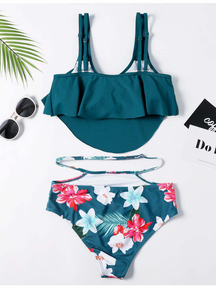 Floral Leaf Print Off-The-Shoulder Bikini Set for Y2K Fashion Enthusiasts
