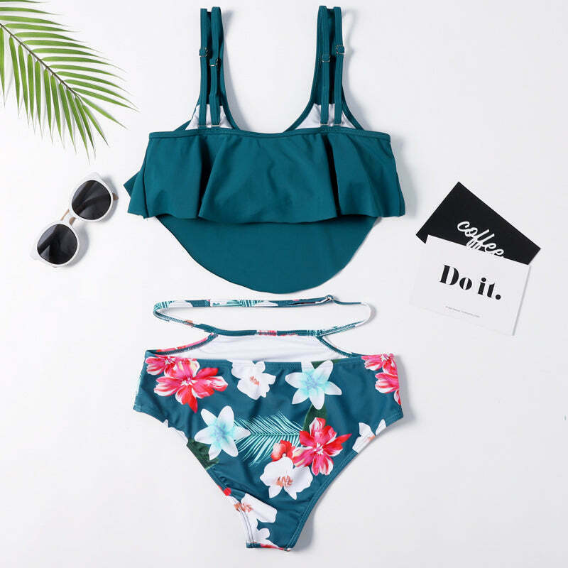 Floral Leaf Print Off-The-Shoulder Bikini Set for Y2K Fashion Enthusiasts