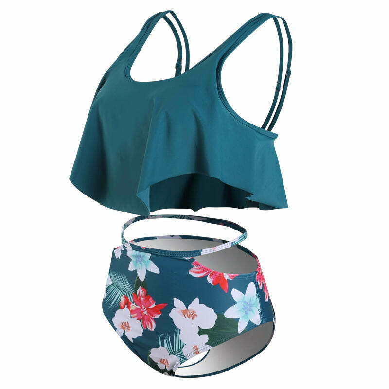 Floral Leaf Print Off-The-Shoulder Bikini Set for Y2K Fashion Enthusiasts