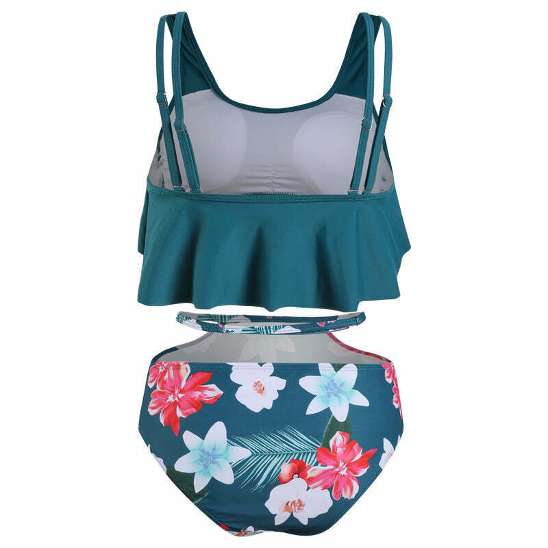 Floral Leaf Print Off-The-Shoulder Bikini Set for Y2K Fashion Enthusiasts