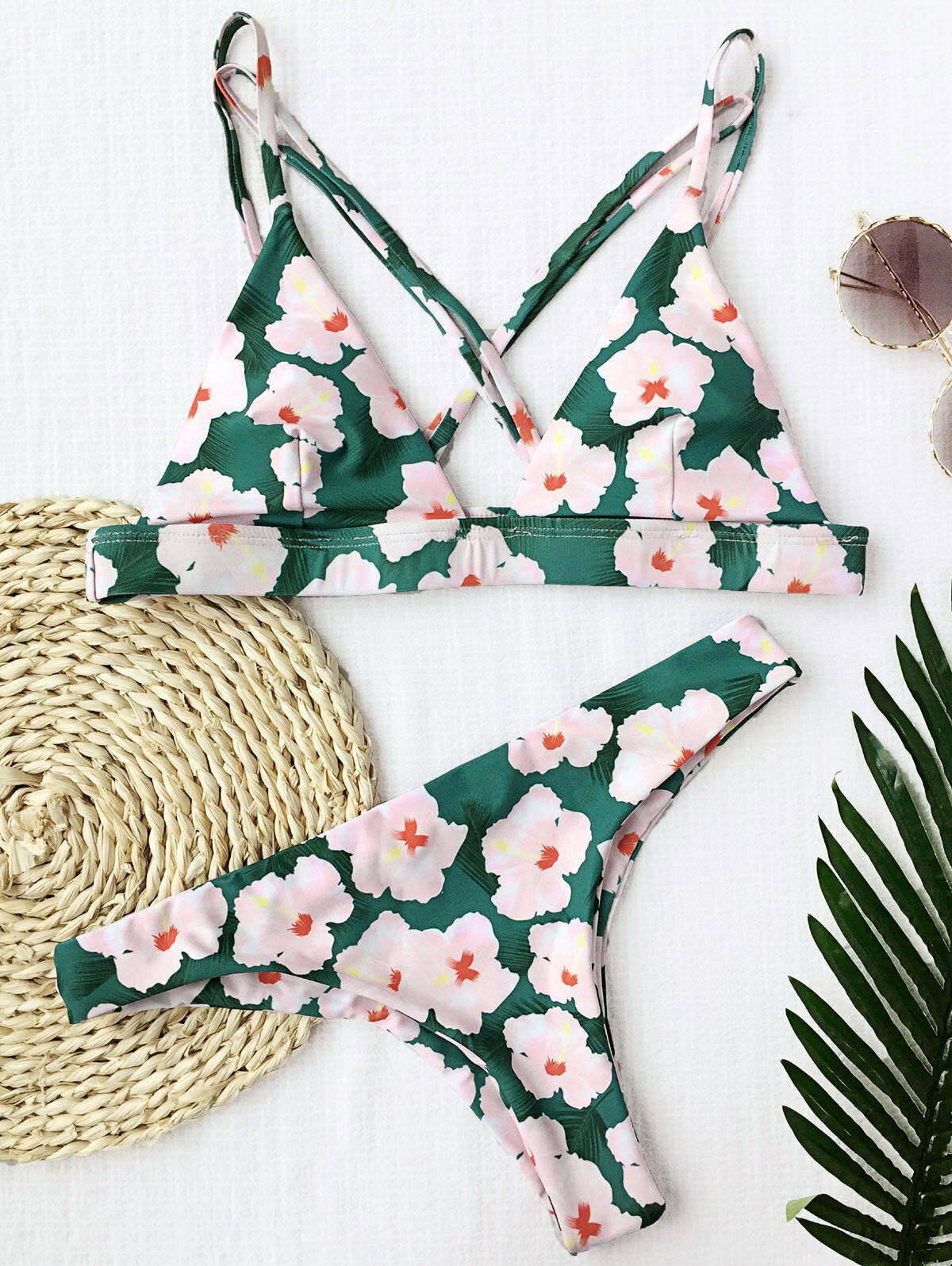 Floral Padded Cross Back Bikini for Y2K Fashion Enthusiasts