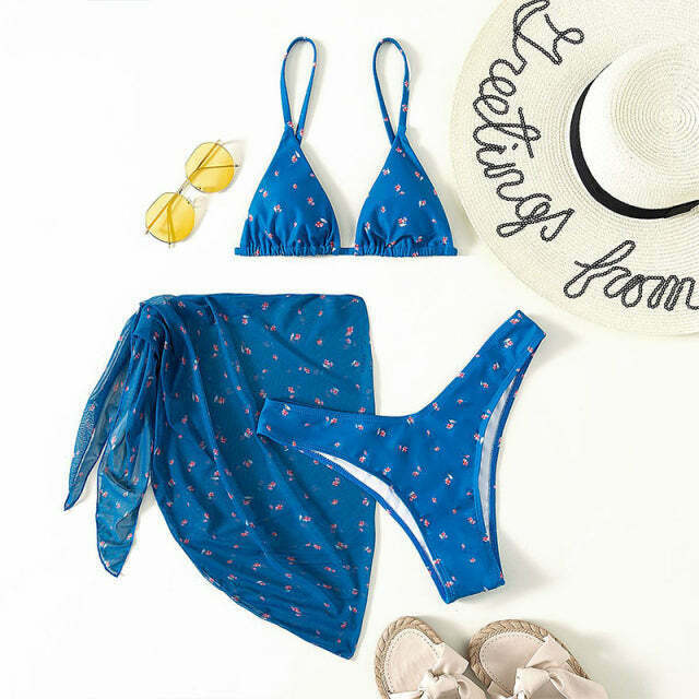 Floral Print 3-Piece Bikini Set: Y2K Fashion, Coquette & Grunge Aesthetic, Cute Tops, Pastel Goth