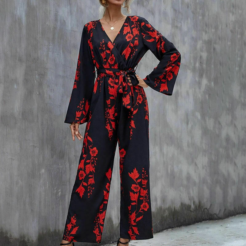 Floral Print Belted Wide Leg Jumpsuit in Y2K Fashion Aesthetic