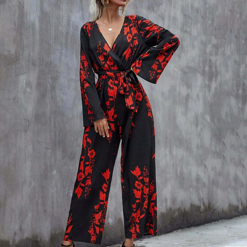Floral Print Belted Wide Leg Jumpsuit in Y2K Fashion Aesthetic