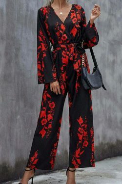 Floral Print Belted Wide Leg Jumpsuit in Y2K Fashion Aesthetic