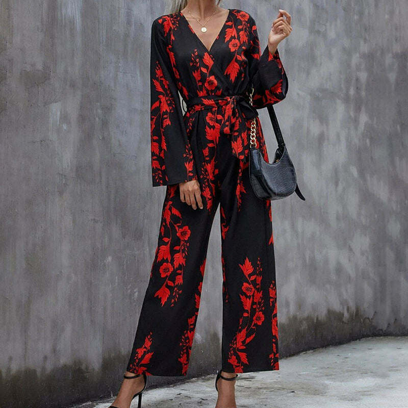 Floral Print Belted Wide Leg Jumpsuit in Y2K Fashion Aesthetic
