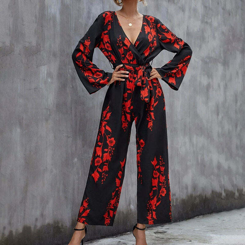 Floral Print Belted Wide Leg Jumpsuit in Y2K Fashion Aesthetic