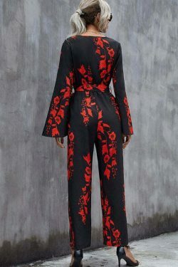 Floral Print Belted Wide Leg Jumpsuit in Y2K Fashion Aesthetic