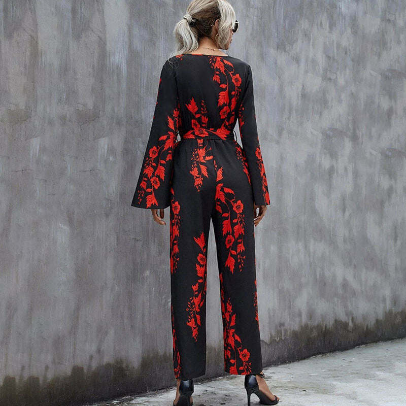Floral Print Belted Wide Leg Jumpsuit in Y2K Fashion Aesthetic