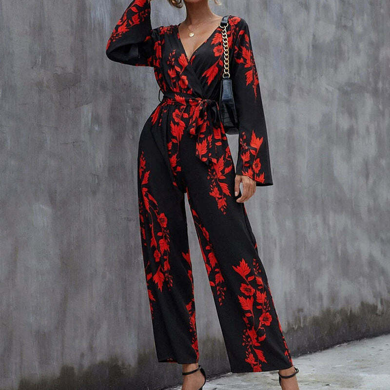 Floral Print Belted Wide Leg Jumpsuit in Y2K Fashion Aesthetic