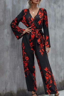 Floral Print Belted Wide Leg Jumpsuit in Y2K Fashion Aesthetic