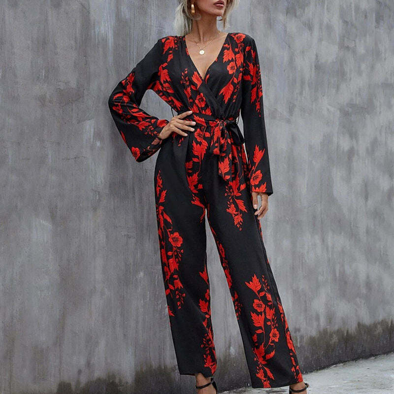 Floral Print Belted Wide Leg Jumpsuit in Y2K Fashion Aesthetic