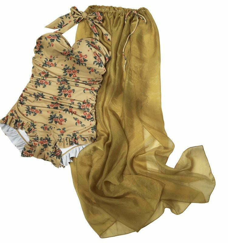 Floral Print Bikini Swimsuit Set with Matching Beach Skirt - Y2K Fashion Aesthetic