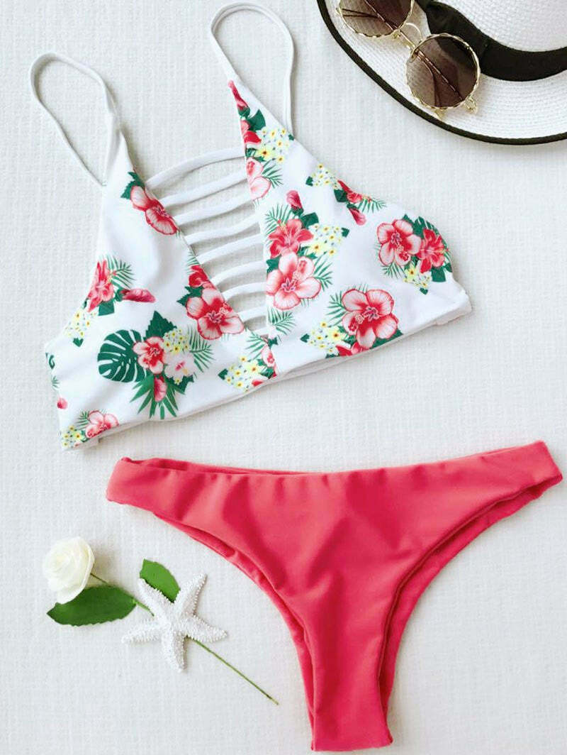 Floral Print Lattice Strappy Bikini Set - Y2K Fashion Swimwear with Coquette & Grunge Aesthetic