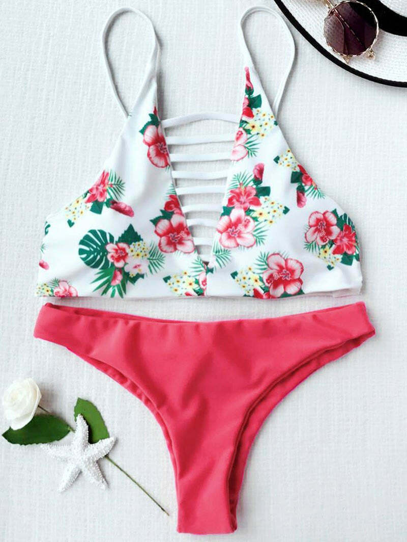 Floral Print Lattice Strappy Bikini Set - Y2K Fashion Swimwear with Coquette & Grunge Aesthetic