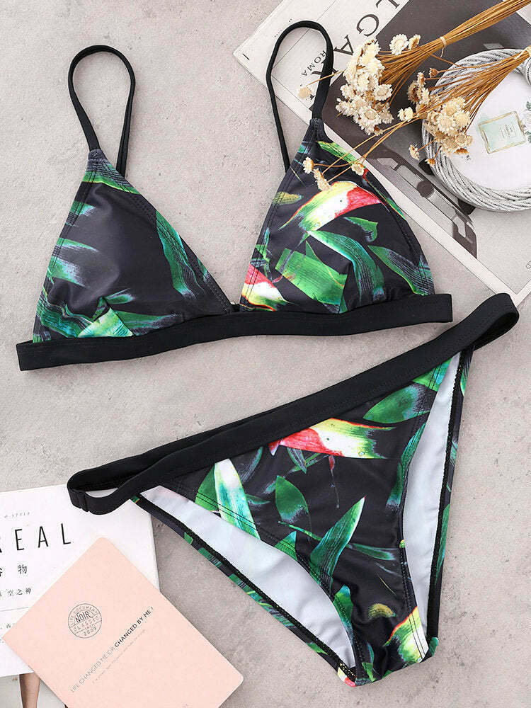 Floral Print Thong Bikini Set with Padded Triangle Top - Y2K Fashion Swimwear