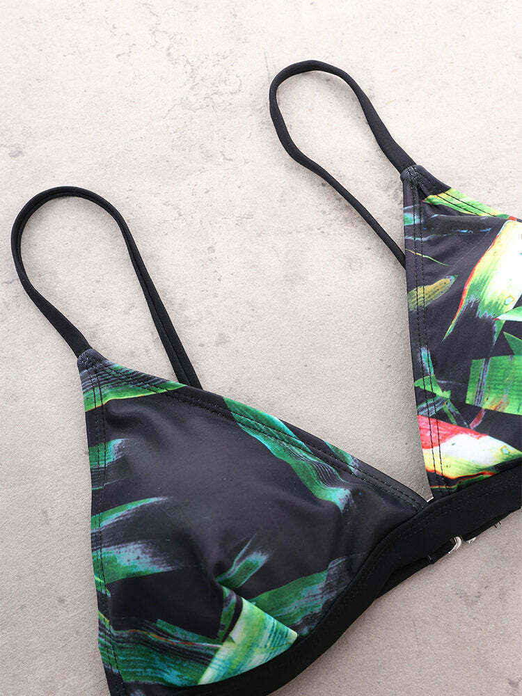 Floral Print Thong Bikini Set with Padded Triangle Top - Y2K Fashion Swimwear