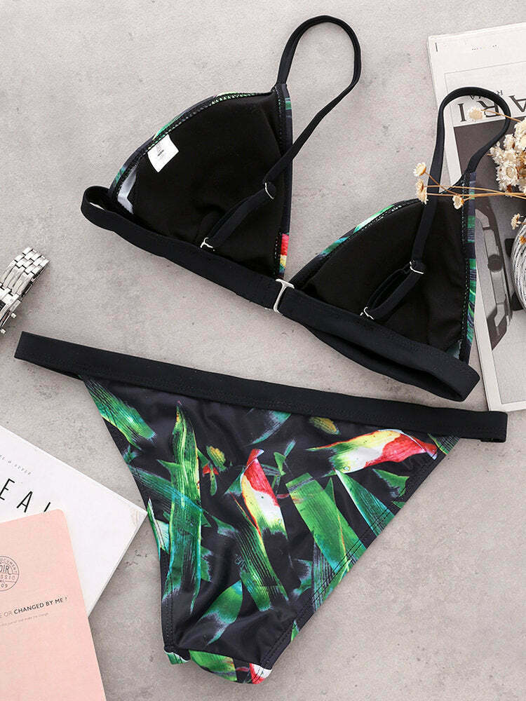 Floral Print Thong Bikini Set with Padded Triangle Top - Y2K Fashion Swimwear