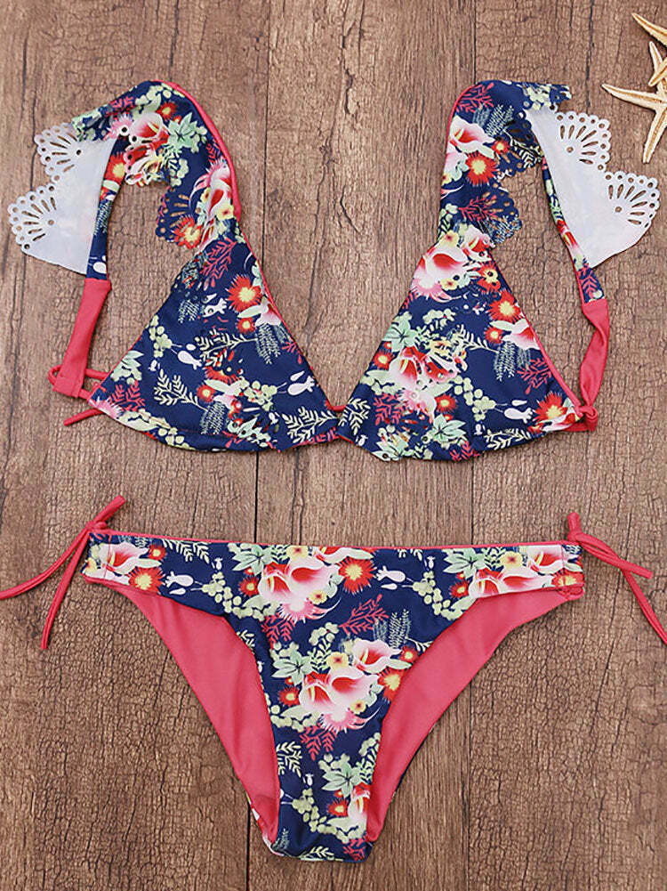 Floral Printed Bikini Set: Lotus Leaf Shoulder Strap Swimsuit for Y2K Fashion Enthusiasts