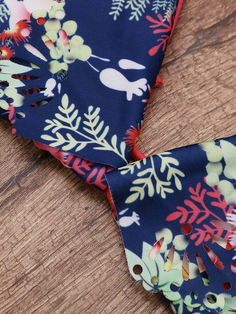 Floral Printed Bikini Set: Lotus Leaf Shoulder Strap Swimsuit for Y2K Fashion Enthusiasts