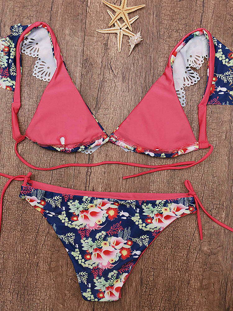Floral Printed Bikini Set: Lotus Leaf Shoulder Strap Swimsuit for Y2K Fashion Enthusiasts