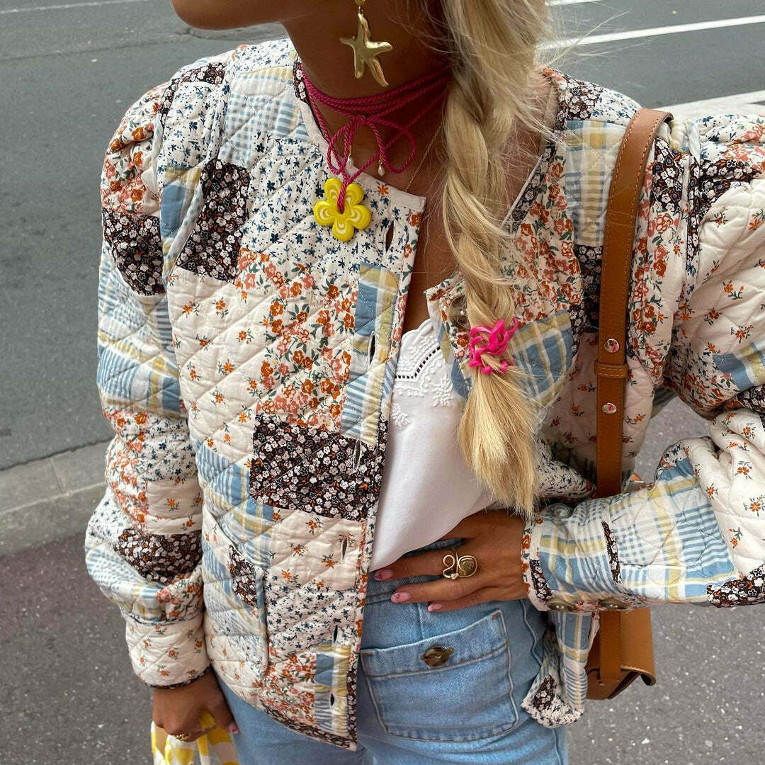 Floral Quilted Cotton Coat: Y2K Aesthetic Jacket - Coquette Style, Grunge Fashion, Cute Tops