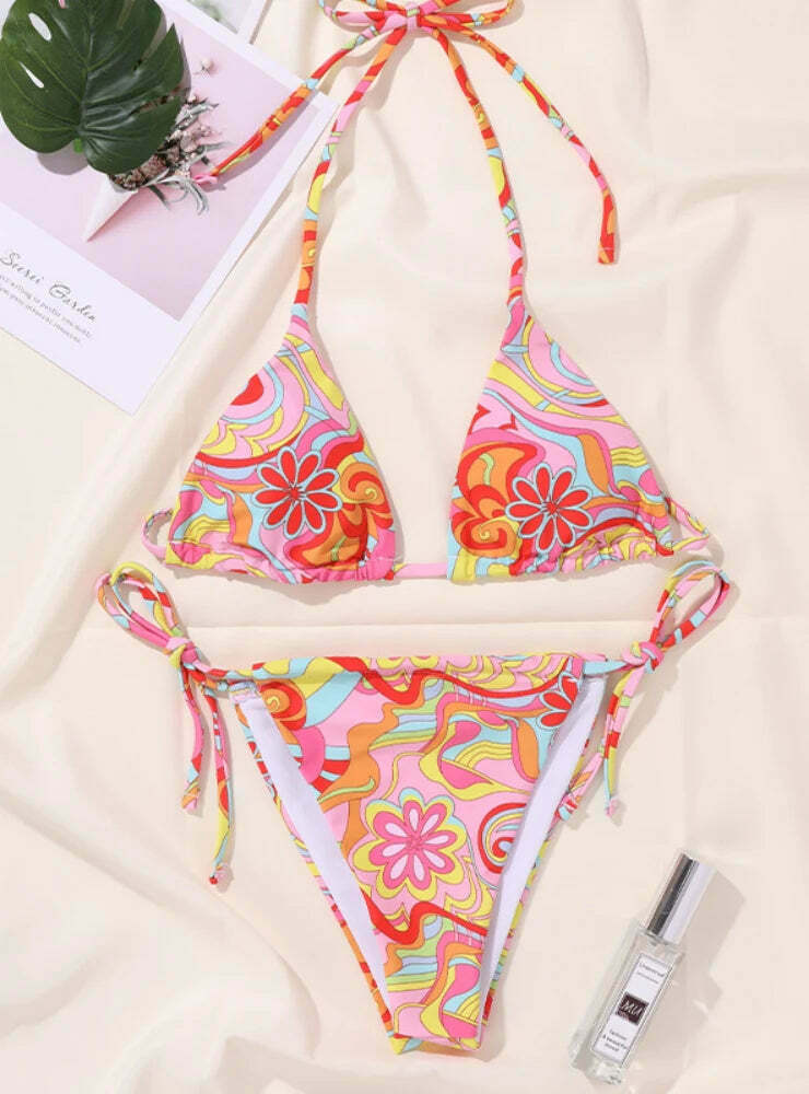Floral Sexy Straps Bikini - Y2K Fashion Swimwear for Women - Coquette Aesthetic Beachwear