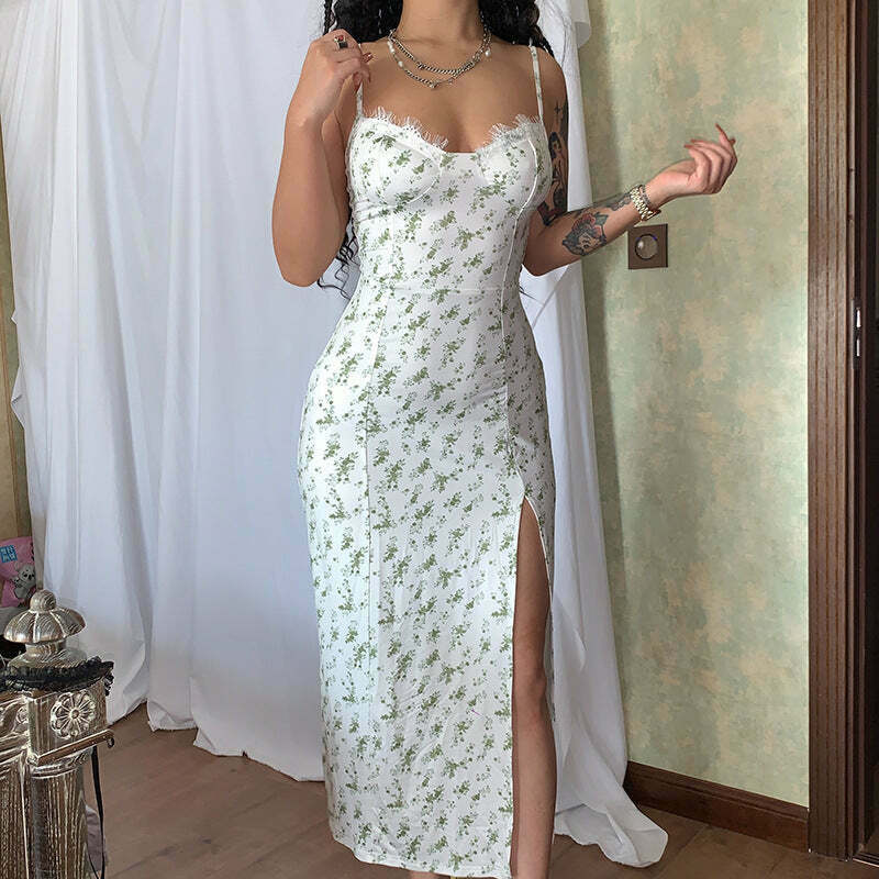 Floral Slit Suspender Dress: Y2K Fashion with a Coquette Aesthetic