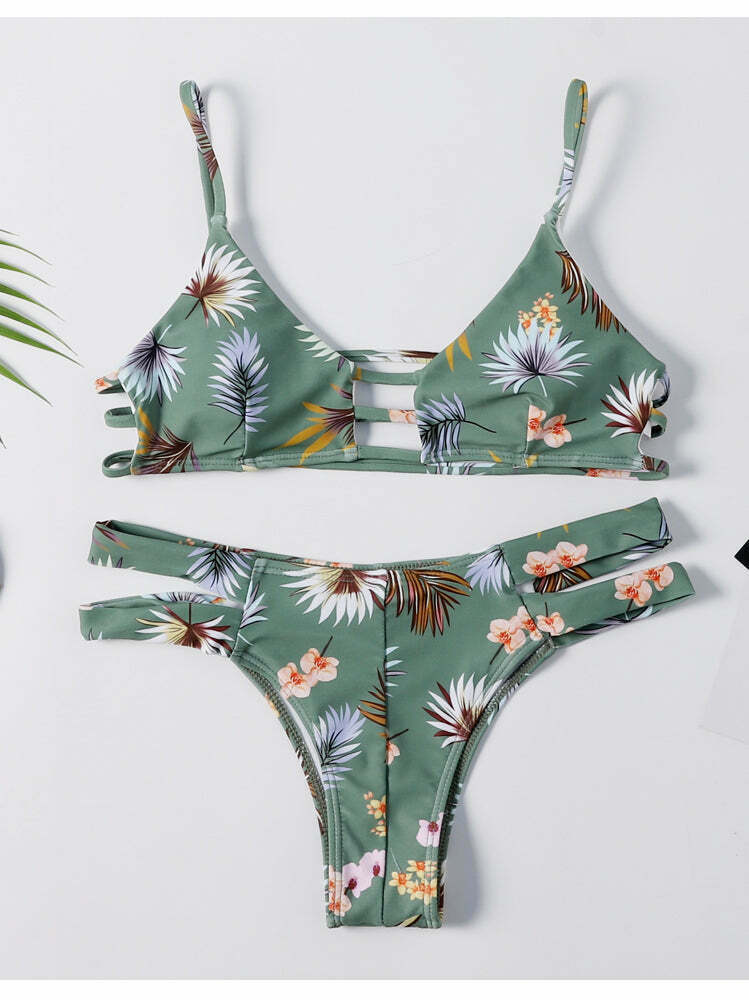 Flower Cutout Denim Cami Bikini Set - Y2K Fashion Swimwear with Coquette & Grunge Aesthetic
