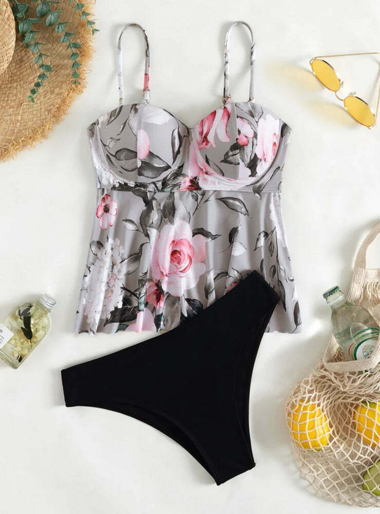 Flower Print Swimsuit Bikini for Y2K Aesthetic Fashion - Coquette & Grunge Style