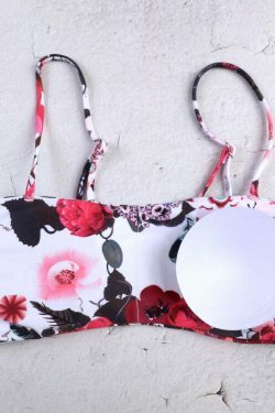 Flower Print Tied Shoulder Bikini for Y2K Fashion Enthusiasts - Coquette Aesthetic Swimwear