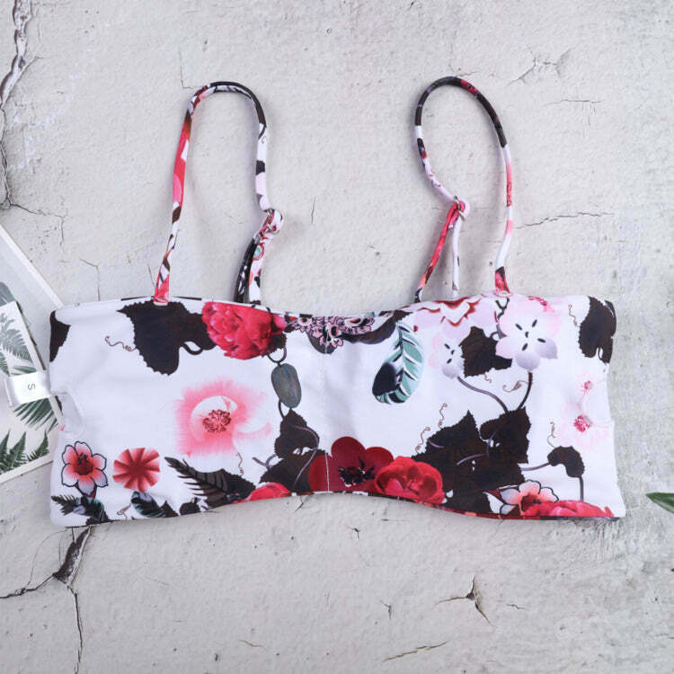 Flower Print Tied Shoulder Bikini for Y2K Fashion Enthusiasts - Coquette Aesthetic Swimwear