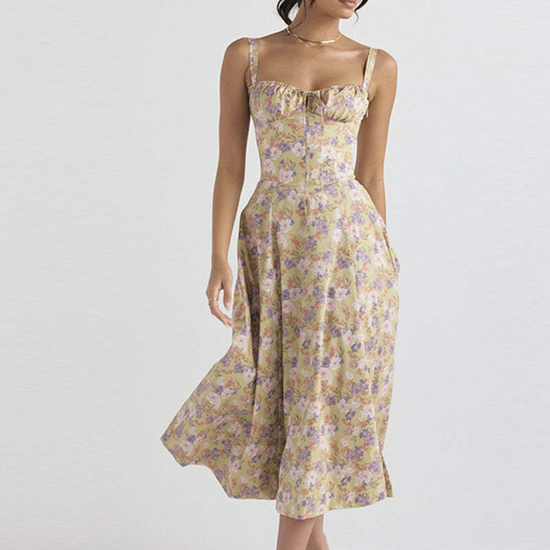 French Floral Backless Midi Dress - Coquette Aesthetic for Women - Y2K Fashion Statement