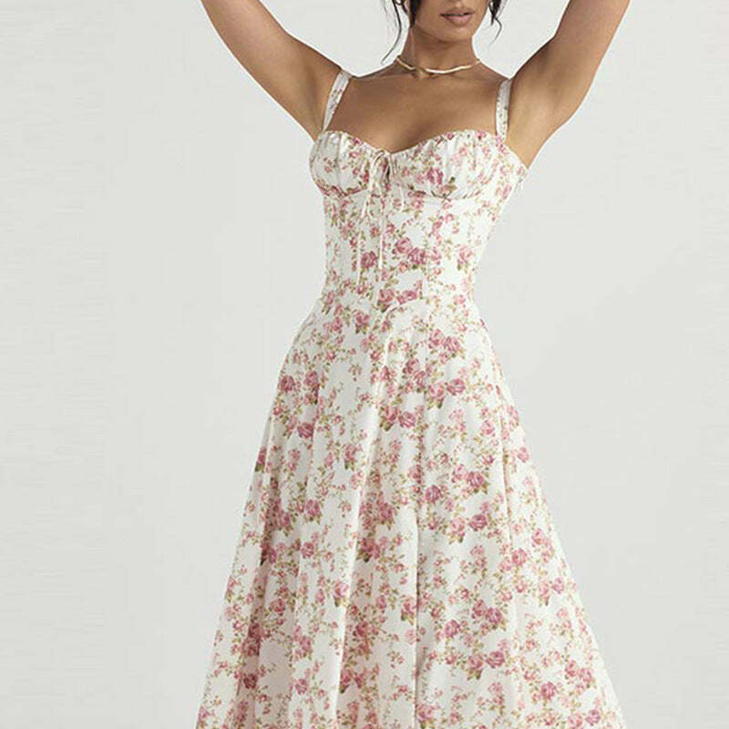 French Floral Printed Backless Long Dress - Coquette Aesthetic for Women's Y2K Fashion
