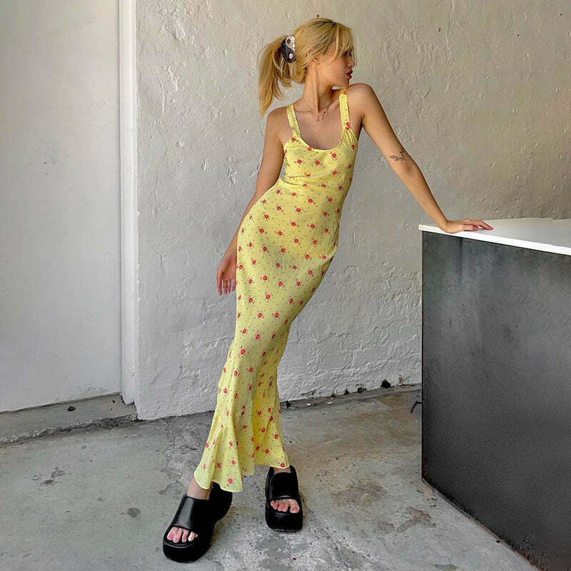 French Floral Suspender Beach Fishtail Maxi Dress - Y2K Aesthetic Fashion for Women
