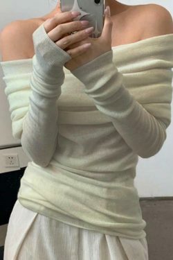 French Off Shoulder Slim Long Sleeve Knit Sweater - Y2K Fashion Coquette Aesthetic Grunge Style