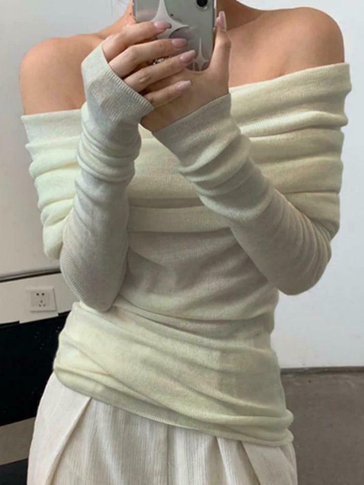French Off Shoulder Slim Long Sleeve Knit Sweater - Y2K Fashion Coquette Aesthetic Grunge Style