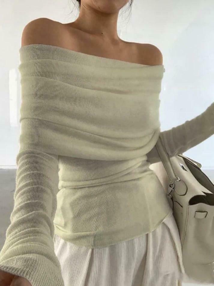 French Off Shoulder Slim Long Sleeve Knit Sweater - Y2K Fashion Coquette Aesthetic Grunge Style