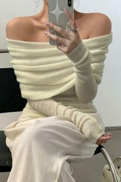 French Off Shoulder Slim Long Sleeve Knit Sweater - Y2K Fashion Coquette Aesthetic Grunge Style